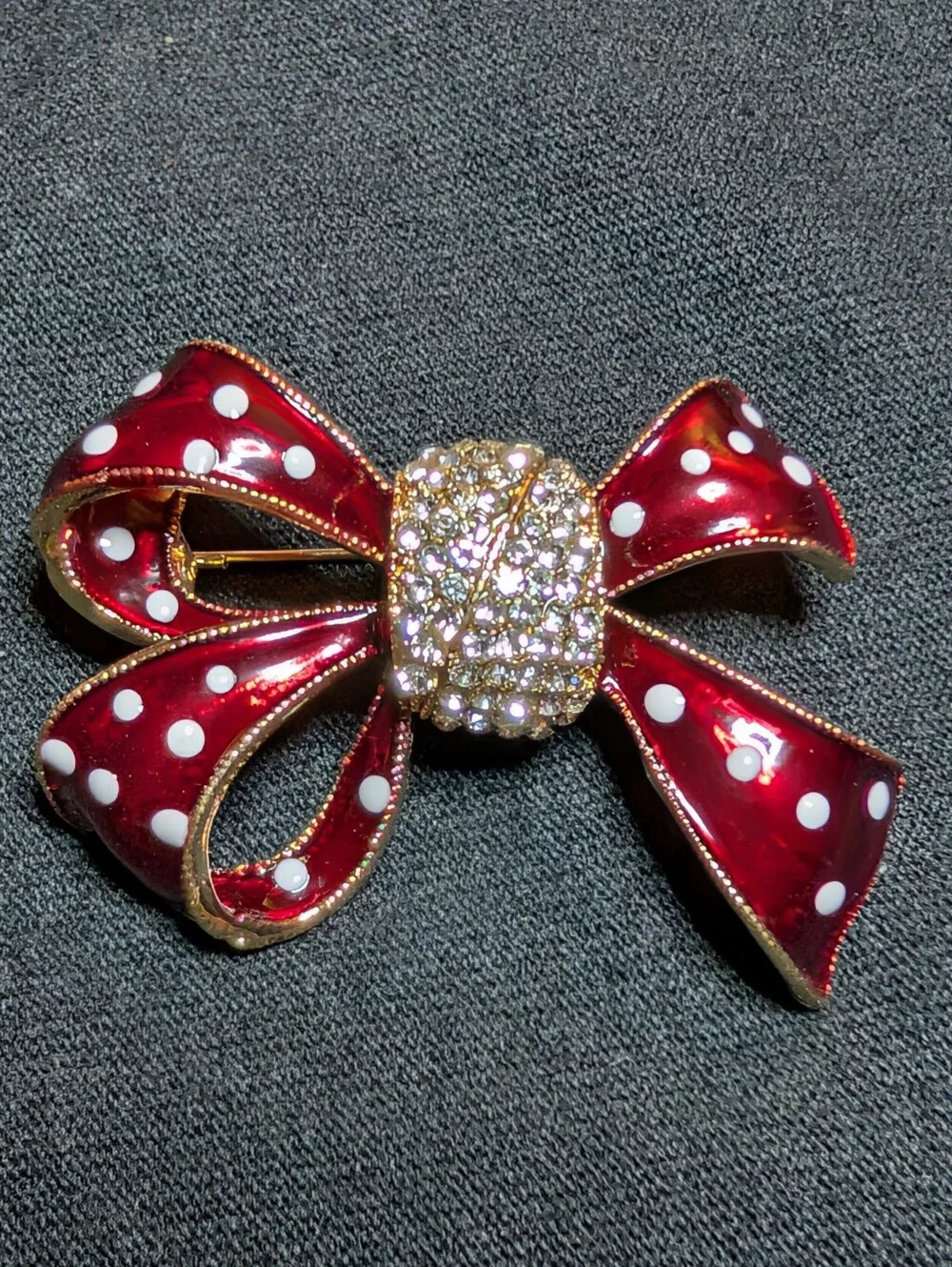 Red Polka Dot Bow Brooch with Crystal Center